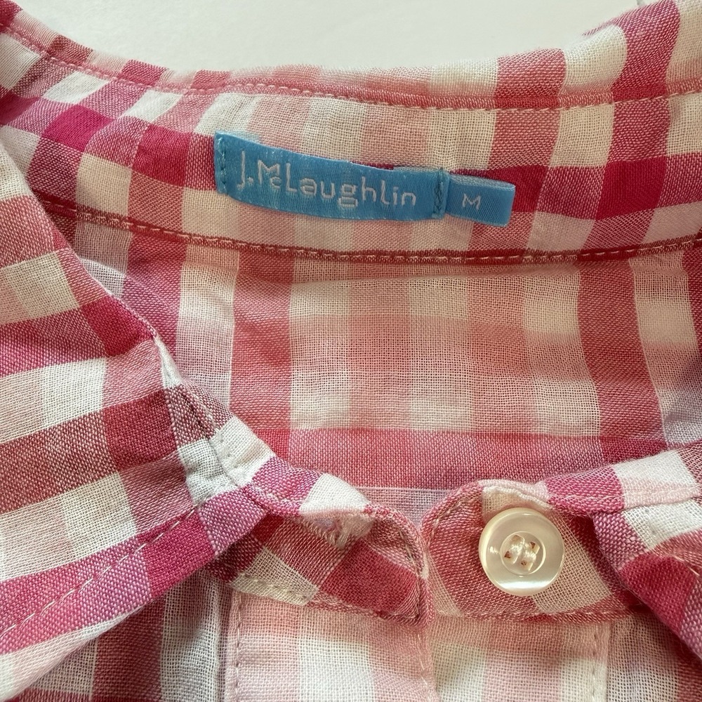 J McLaughlin Pink Plaid Button Shirt Cotton Long Roll Tab Sleeve Classic MEDIUM - Picture 9 of 10